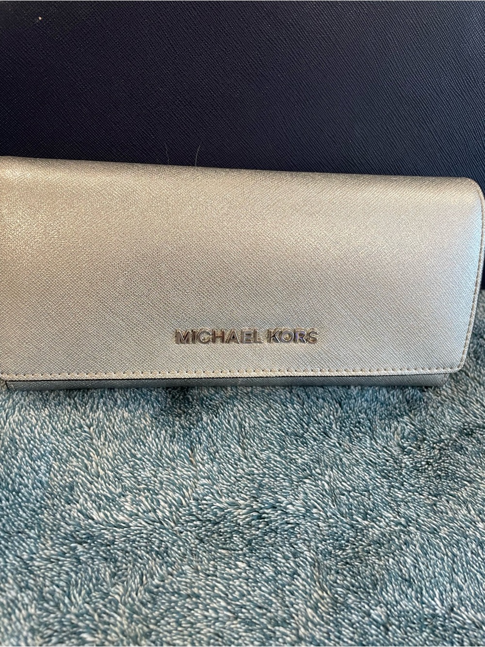 Michael Kors Blue and silver Floral Tote w and Silver Wallet - Picture 5 of 8